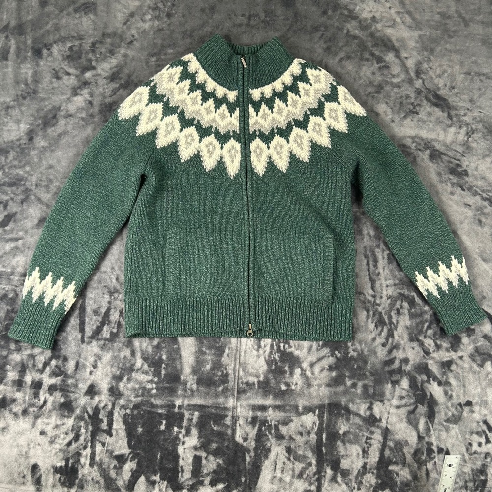 L.L.Bean Cardigan Sweater Mens Large Green Fair Isle Lambswool Full Zip 503420